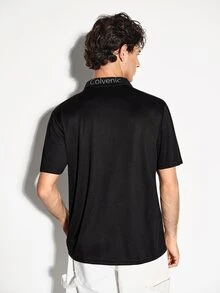 COLVENIC Black Modal Pique Knit Polo Shirt With Same-Color Lettering On Back Collar, Business Casual Short Sleeve For Men - Black - View 5