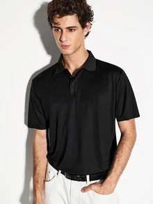 COLVENIC Black Modal Pique Knit Polo Shirt With Same-Color Lettering On Back Collar, Business Casual Short Sleeve For Men - Black - View 4
