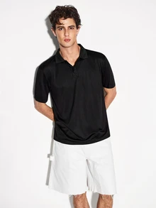 COLVENIC Black Modal Pique Knit Polo Shirt With Same-Color Lettering On Back Collar, Business Casual Short Sleeve For Men - Black - View 6