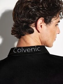 COLVENIC Black Modal Pique Knit Polo Shirt With Same-Color Lettering On Back Collar, Business Casual Short Sleeve For Men - Black - View 3
