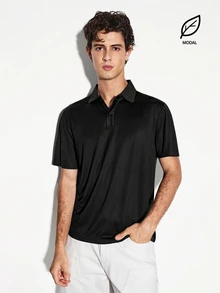 COLVENIC Black Modal Pique Knit Polo Shirt With Same-Color Lettering On Back Collar, Business Casual Short Sleeve For Men - Black - View 2
