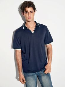 Colvenic 男士海軍藍對比滾邊短袖休閒 Polo 衫 - 藏蓝色 - 查看 8