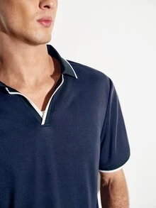 Colvenic 男士海軍藍對比滾邊短袖休閒 Polo 衫 - 藏蓝色 - 查看 3