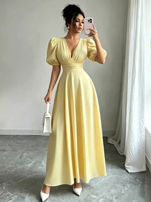 Selianne 女款純色短澎澎袖優雅V領洋裝 - 鵝黃色 - 查看 3
