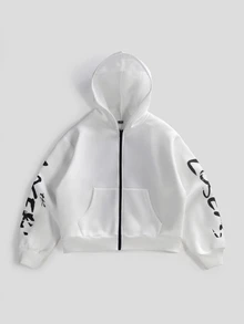 IT Chapter TWO | Manfinity STYNVO Men's Letter Print Casual Daily Open Front Hooded Sweatshirt - White - View 2