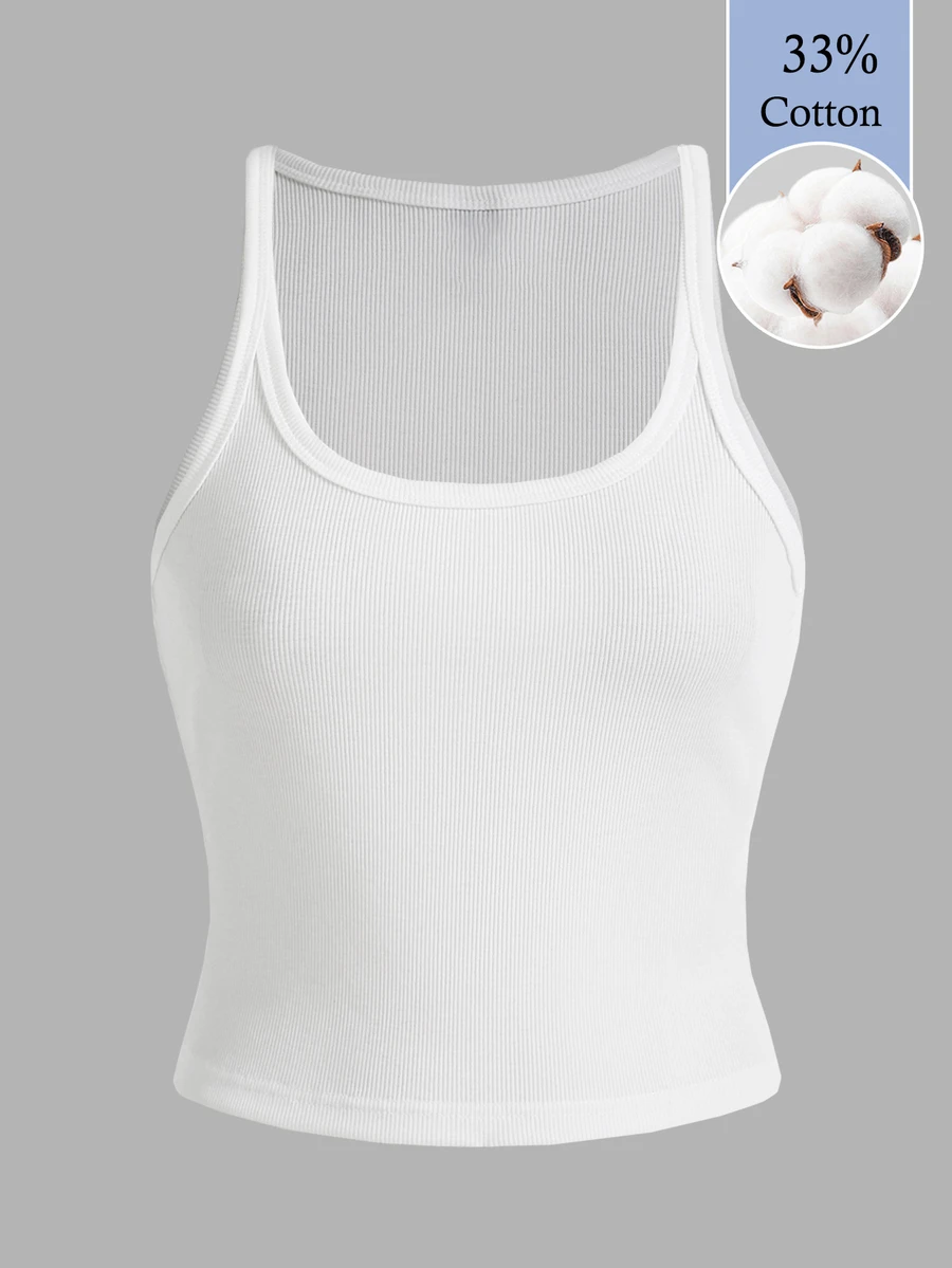 Slaydiva 2024 All-Match Ribbed Elastic Cropped Camisole Tank Top For Women Versatile Activewear Casual Modest 42 Cotton And 33 Blend. Summer White Gym - White - View 1