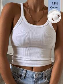 Slaydiva 2024 All-Match Ribbed Elastic Cropped Camisole Tank Top For Women Versatile Activewear Casual Modest 42 Cotton And 33 Blend. Summer White Gym - White - View 3
