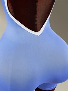 Amplova 女款字母印花條紋拼色運動連身褲 性感健身房運動時尚健身外出連身褲 賽車背藍色 - 藍色 - 查看 10