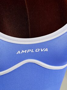 Amplova 女款字母印花條紋拼色運動連身褲 性感健身房運動時尚健身外出連身褲 賽車背藍色 - 藍色 - 查看 11
