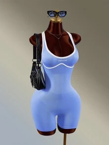 Amplova 女款字母印花條紋拼色運動連身褲 性感健身房運動時尚健身外出連身褲 賽車背藍色 - 藍色 - 查看 4