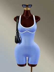 Amplova 女款字母印花條紋拼色運動連身褲 性感健身房運動時尚健身外出連身褲 賽車背藍色 - 藍色 - 查看 7