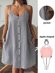 SHEIN VCAY 大码女式休闲无袖黑白格子连衣裙 - 黑與白 - 查看 8