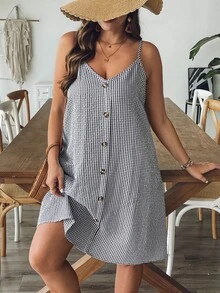 SHEIN VCAY 大码女式休闲无袖黑白格子连衣裙 - 黑與白 - 查看 7