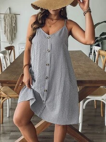 SHEIN VCAY 大码女式休闲无袖黑白格子连衣裙 - 黑與白 - 查看 5