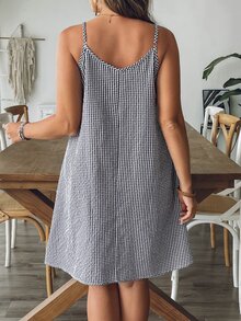 SHEIN VCAY 大码女式休闲无袖黑白格子连衣裙 - 黑與白 - 查看 3