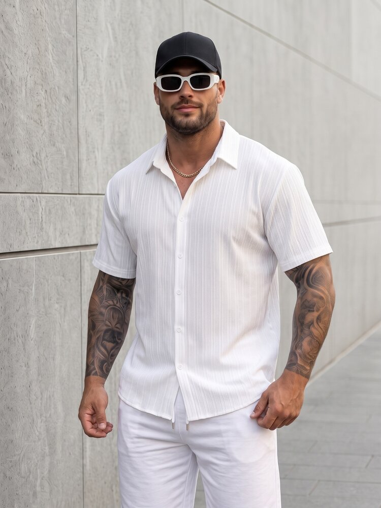 KRYTIVO Plus Size Men's Solid Color Short Sleeve Single-Breasted Casual Loose Shirt - White - View 3