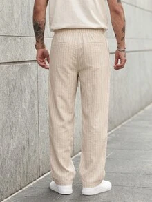 KRYTIVO Summer Linen Casual Vacation Striped Drawstring Men's Long Pants - Khaki - View 2