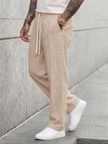 KRYTIVO Summer Linen Casual Vacation Striped Drawstring Men's Long Pants - Khaki - View 3