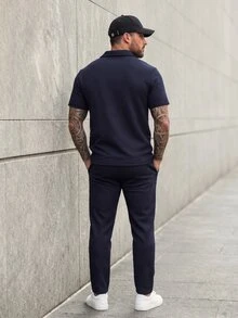 KRYTIVO Plus Size Men 2pcs Set - Short Sleeve Solid Polo Shirt And Pants - Royal Blue - View 2