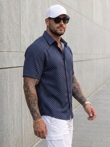 KRYTIVO Plus Size Men's Geometric Print Short Sleeve Casual Loose Shirt, Summer, Basic Work Collar Shirt - Royal Blue - View 3