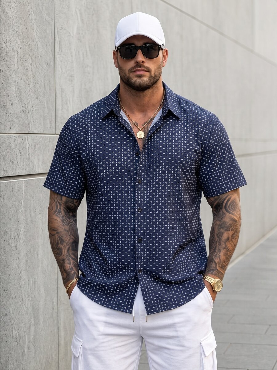 KRYTIVO Plus Size Men's Geometric Print Short Sleeve Casual Loose Shirt, Summer, Basic Work Collar Shirt - Royal Blue - View 1