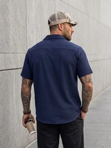 KRYTIVO Plus Size Men's Plain Color Short Sleeve Single-Breasted Pocket Jacket - Royal Blue - View 2