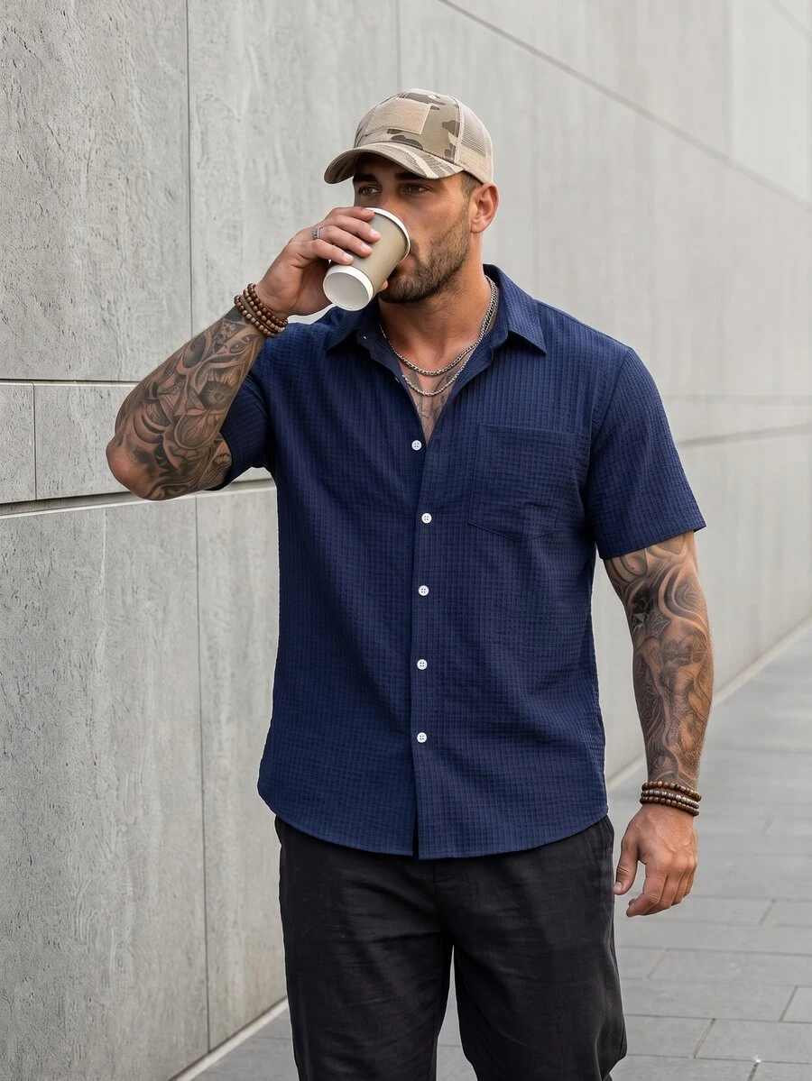 KRYTIVO Plus Size Men's Plain Color Short Sleeve Single-Breasted Pocket Jacket - Royal Blue - View 1