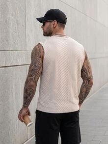 KRYTIVO Plus Size Men's Casual Solid Color Sleeveless Vest Set, Sleeveless Textured Top + Drawstring Shorts, Holiday - Apricot - View 2