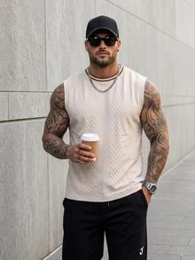 KRYTIVO Plus Size Men's Casual Solid Color Sleeveless Vest Set, Sleeveless Textured Top + Drawstring Shorts, Holiday - Apricot - View 3