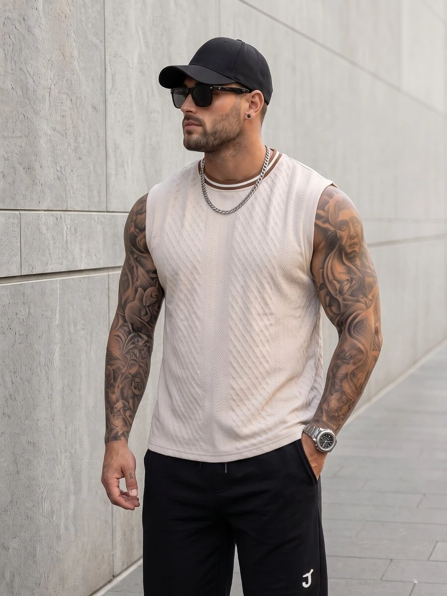 KRYTIVO Plus Size Men's Casual Solid Color Sleeveless Vest Set, Sleeveless Textured Top + Drawstring Shorts, Holiday - Apricot - View 1