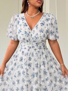 Vionelle 大尺碼夏季優雅碎花洋裝 白色花卉款 適合婚禮、早午餐、度假 - 藍色 - 查看 6