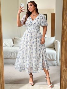 Vionelle 大尺碼夏季優雅碎花洋裝 白色花卉款 適合婚禮、早午餐、度假 - 藍色 - 查看 1