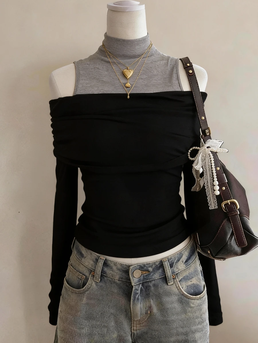 Lalippa Fashionable Minimalist Women's High Neck Cold Shoulder Long Sleeve T-Shirt, Gift For Friends - Black - View 1