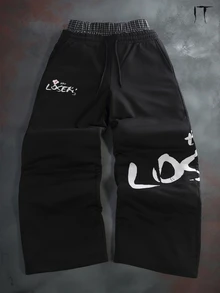IT Chapter TWO | Manfinity STYNVO Men's Double Waistband Drawstring Loose Sweatpants With Letter Print - Black - View 6