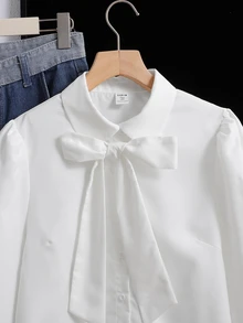 SHEIN 兒童青少年女孩秋冬休閒日常法式優雅學院風立領大蝴蝶結燈籠袖修身長袖襯衫，開學季經典百搭上衣，女童娃娃風白色上衣，可愛秋冬穿搭 - 白色 - 查看 4