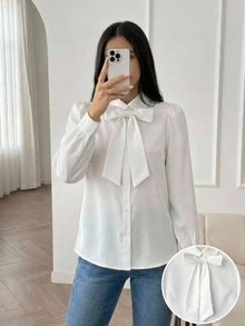 SHEIN 兒童青少年女孩秋冬休閒日常法式優雅學院風立領大蝴蝶結燈籠袖修身長袖襯衫，開學季經典百搭上衣，女童娃娃風白色上衣，可愛秋冬穿搭 - 白色 - 查看 7
