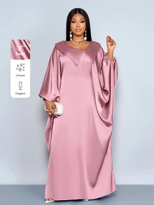 SOLERSUN Women's Plus-Size Dusty Pink Satin Floor-Length Dress,Modest Batwing Sleeve Loose Robe,Summer Wedding Ninang, Al-Adha,Country Party Elegant Gown Fall - Dusty Pink - View 2