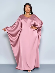 SOLERSUN Women's Plus-Size Dusty Pink Satin Floor-Length Dress,Modest Batwing Sleeve Loose Robe,Summer Wedding Ninang, Al-Adha,Country Party Elegant Gown Fall - Dusty Pink - View 3