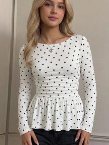 Girlism 青少年女孩背心吊帶上衣，秋季露肩波點荷葉邊下擺T恤，優雅可愛百搭上衣，日常通勤校園穿搭 - 白色 - 查看 3