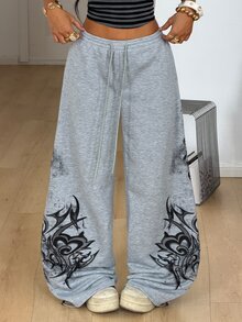 Coolane 女款男款大尺碼秋冬街頭風休閒健身寬鬆中腰寬腿彈性腰帶灰色針織翅膀印花運動長褲萬聖節 - 淺灰色 - 查看 2