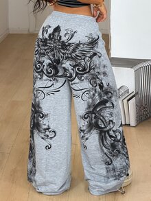 Coolane 女款男款大尺碼秋冬街頭風休閒健身寬鬆中腰寬腿彈性腰帶灰色針織翅膀印花運動長褲萬聖節 - 淺灰色 - 查看 4