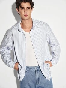 Colvenic 男士條紋長袖單排扣休閒通勤襯衫 - 藍色 - 查看 8
