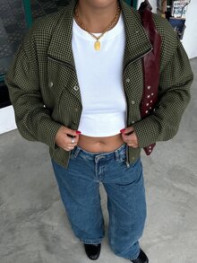 Muchica 大尺碼格紋單排扣長袖夾克街頭風 - 軍綠色 - 查看 8
