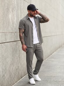 KRYTIVO Plus Size Men's Solid Color Button-Front Short Sleeve Shirt And Drawstring Waist Long Pants Set - Dark Grey - View 3