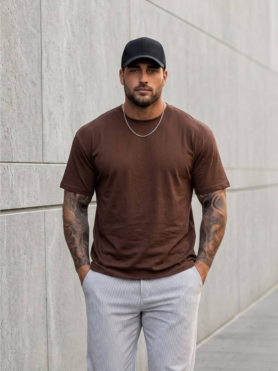 KRYTIVO Plus Size Men's Coffee Color T-Shirt, Simple Yet Stylish, Essential For Summer, Casual And Fashionable - Coffee Brown - View 1