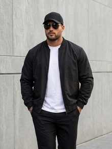 KRYTIVO Plus Size Men's Solid Color Long Sleeve Zip-Up Casual Baseball Jacket Men Zip Up Jacket - Black - View 1