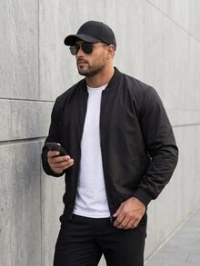 KRYTIVO Plus Size Men's Solid Color Long Sleeve Zip-Up Casual Baseball Jacket Men Zip Up Jacket - Black - View 3
