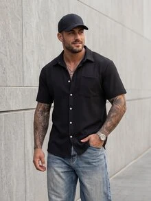 KRYTIVO Plus Size Men's Solid Color Short Sleeve Single-Breasted Casual Pocket Shirt - Black - View 3