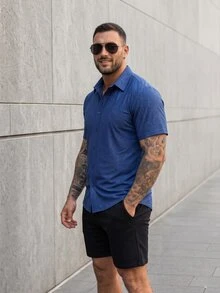 KRYTIVO Plus Size Men's Navy Blue Floral Print Front Button Short Sleeve Shirt - Navy Blue - View 3