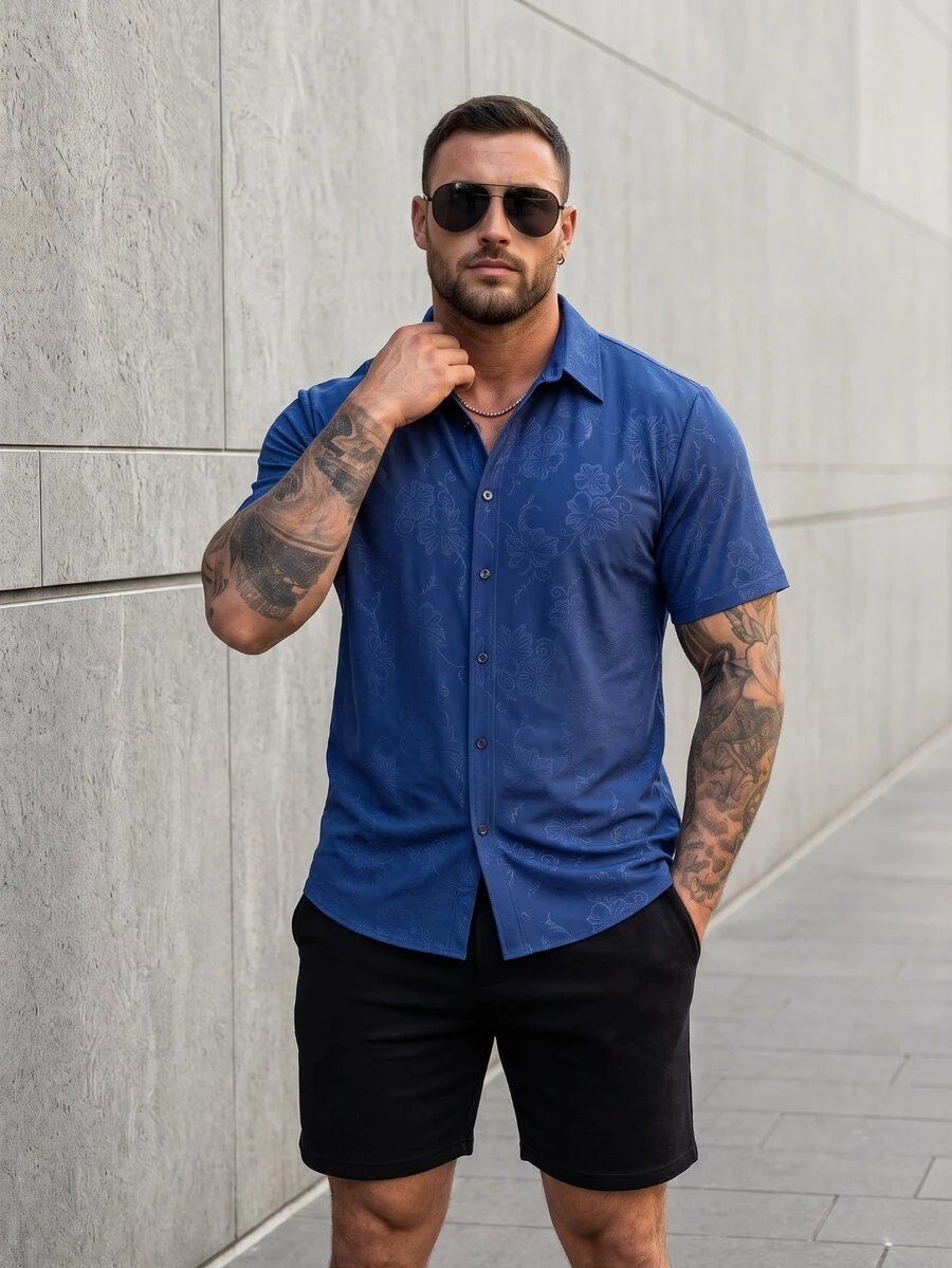KRYTIVO Plus Size Men's Navy Blue Floral Print Front Button Short Sleeve Shirt - Navy Blue - View 1